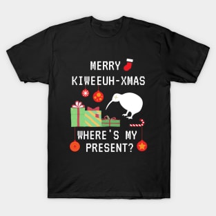 Funny Merry Kiwi Christmas, Where's My Present? Kiwi New Zealand Christmas Celebration Xmas T-Shirt